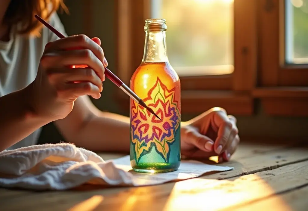 Mãos pintando garrafa com padrões geométricos coloridos.