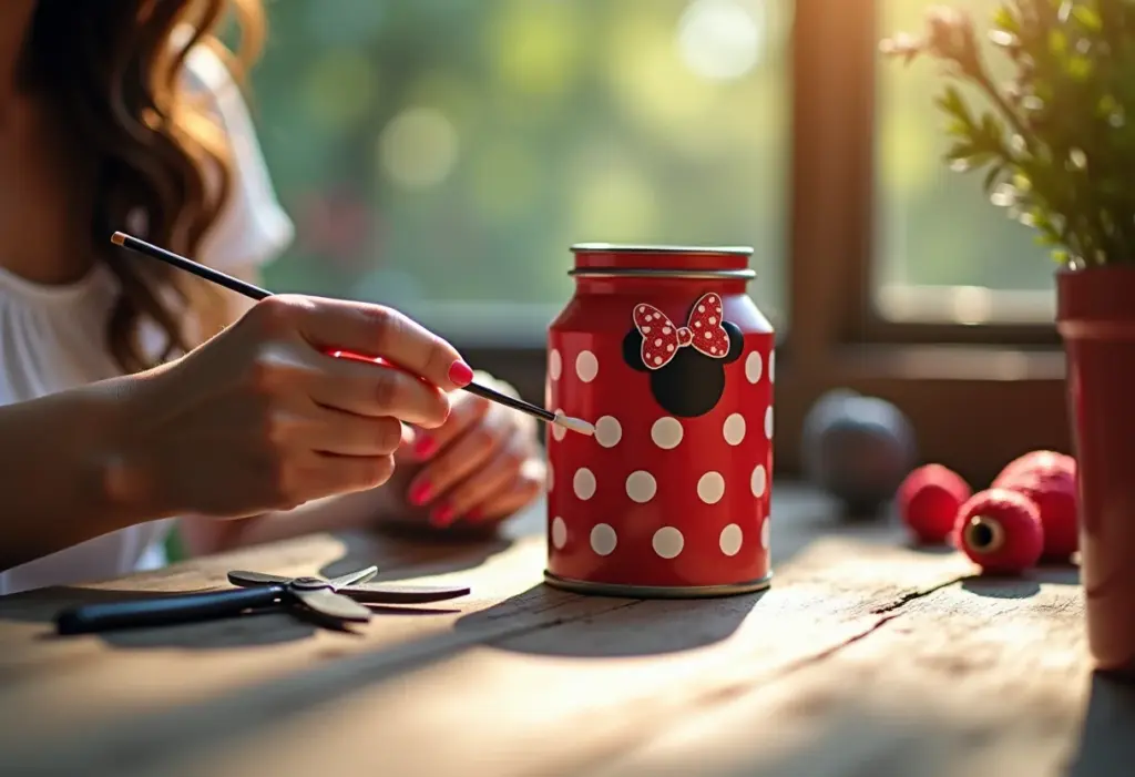 Mãos pintando lata de leite decorada com tema da Minnie para lembrancinha de festa.