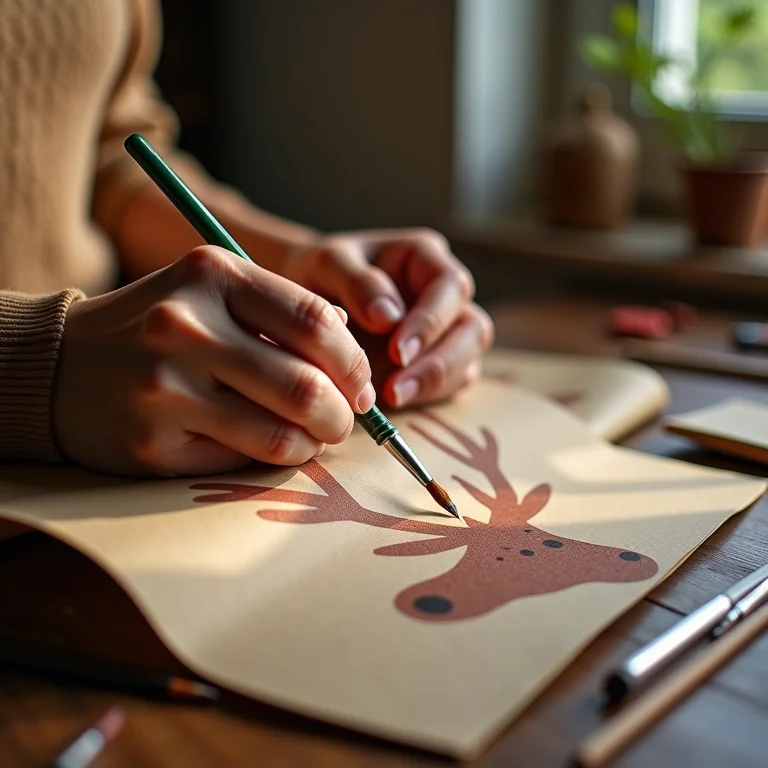 Mãos pintando rena de natal feita com rolo de papel