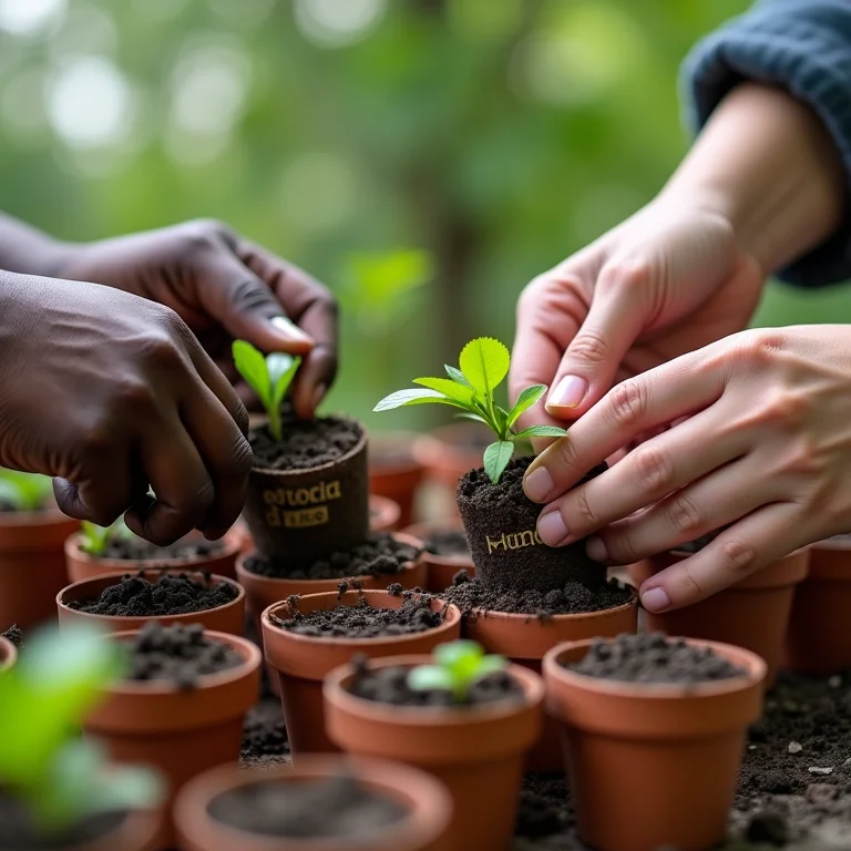 Mãos plantando sementes em pequenos vasos com nomes de dinossauros, ideia de lembrancinha.