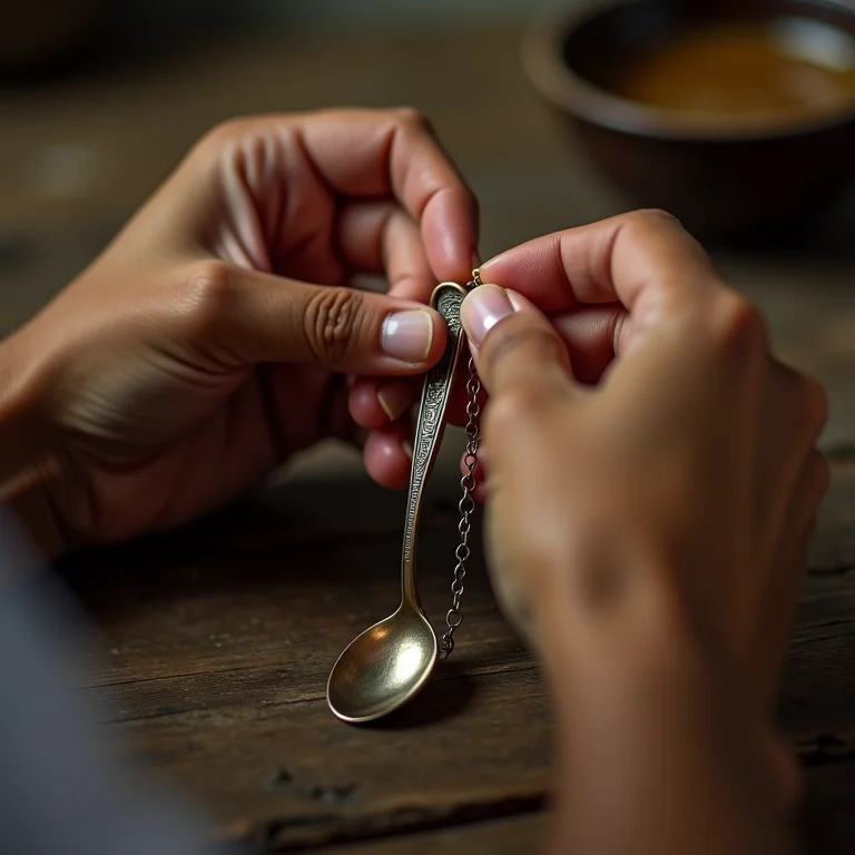 Mãos prendendo pingente de colher em colar