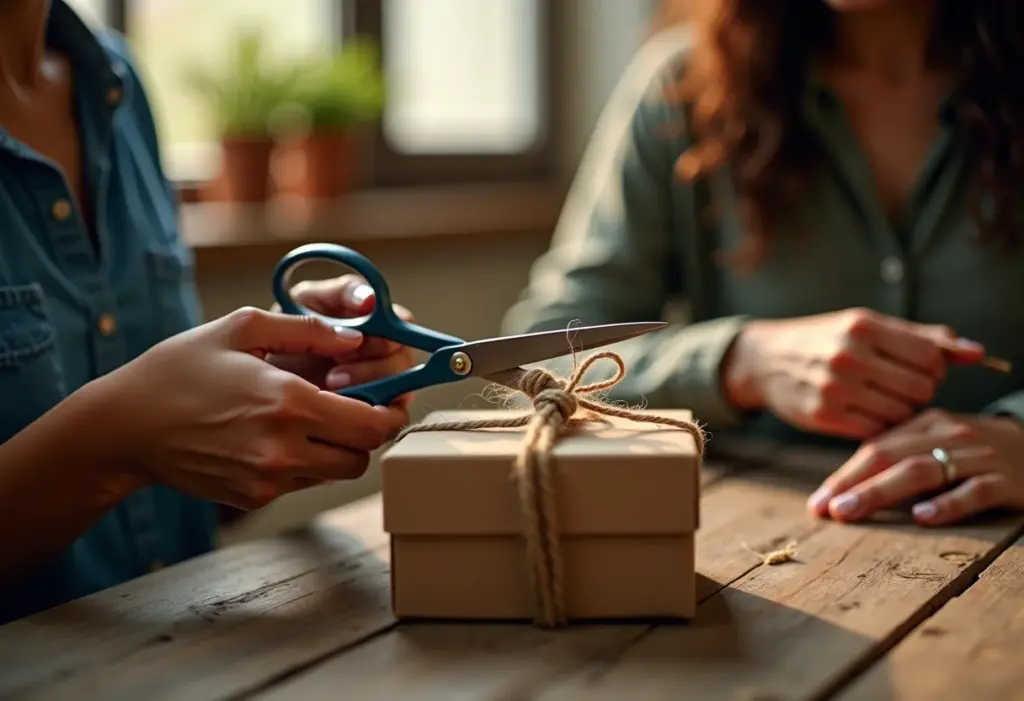 Mãos preparando lembrancinhas de casamento rústicas