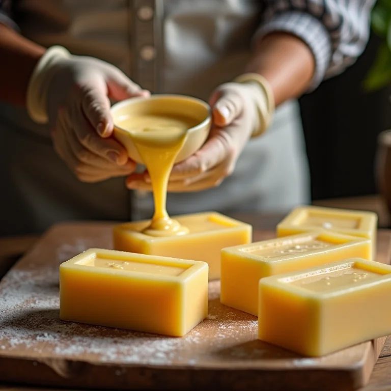 Mãos preparando sabão caseiro no processo a frio