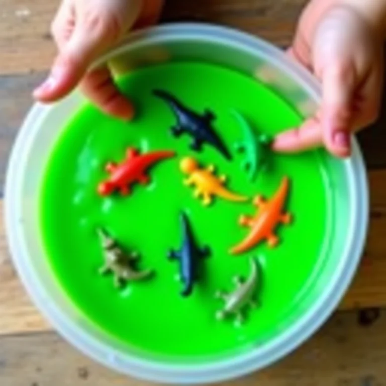 Mãos preparando slime verde com miniaturas de dinossauros, lembrancinha divertida.