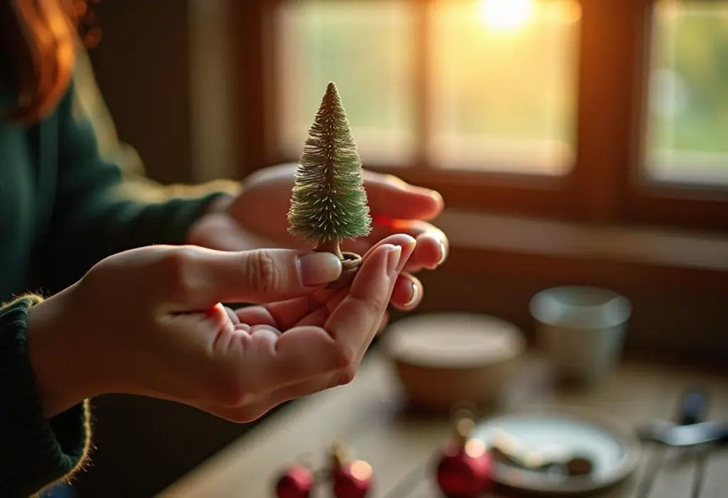 Mãos segurando mini árvore de natal artesanal