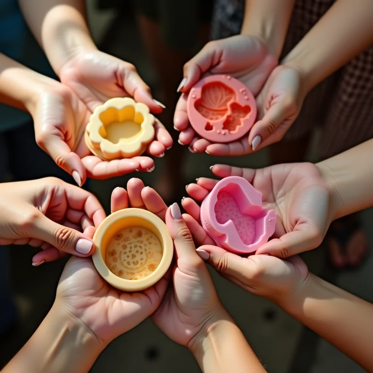 Mãos segurando moldes de lembrancinhas para chá de bebê.