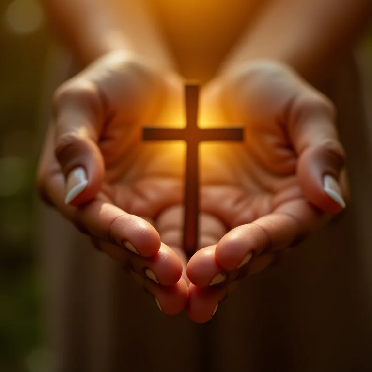 Mãos segurando uma cruz de madeira
