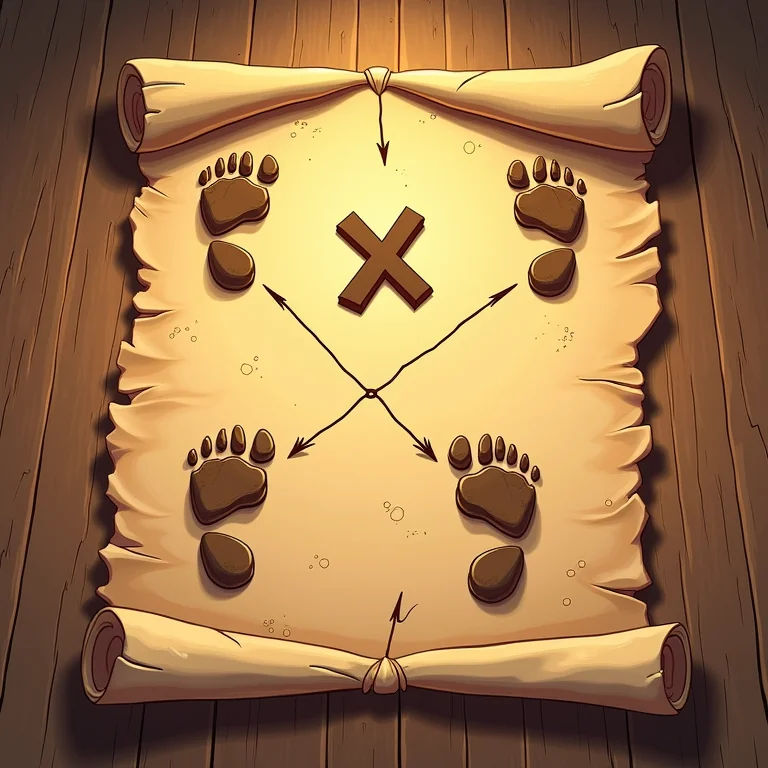 Mapa do tesouro com pegadas de dinossauros indicando o local do tesouro escondido, ideia para caça ao tesouro jurássico.