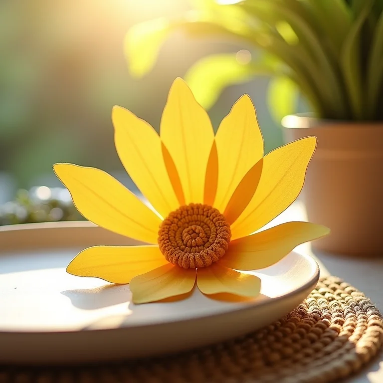 Margaridas de papel cartão sobre jogo americano de juta.