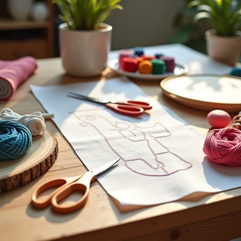 Materiais de artesanato para lembrancinhas de feltro em mesa de madeira