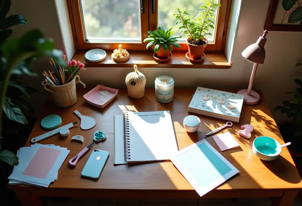 Moldes de lembrancinhas: Ideias fáceis para chá de bebê ✨ Mesa de artesanato aconchegante com tema de chá de bebê.