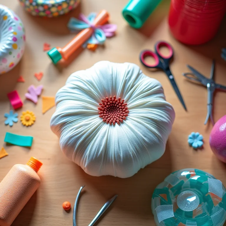 Mesa de artesanato com puff redondo de garrafa PET, garrafas recicladas e materiais coloridos