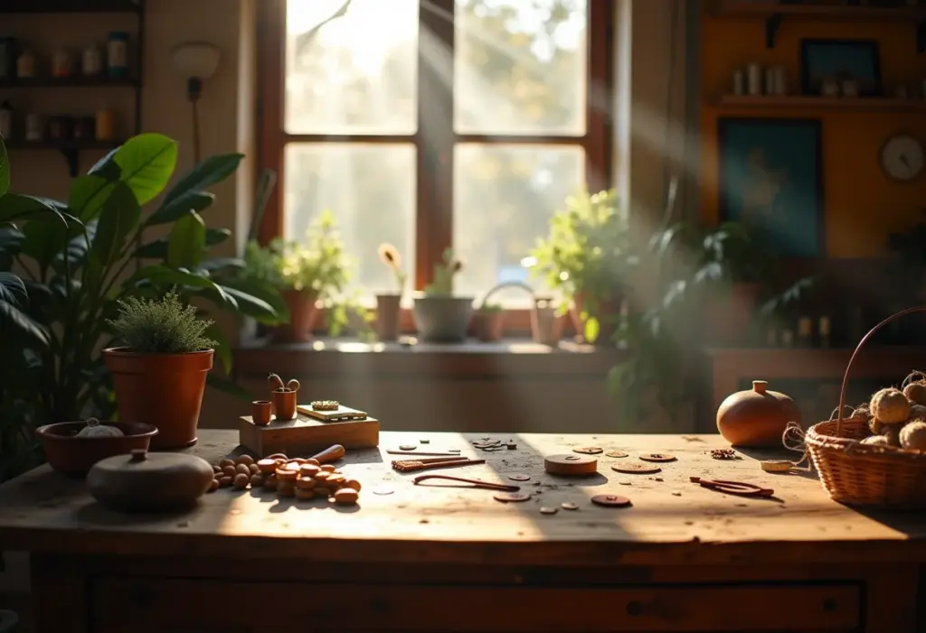 Mesa de ateliê com luz natural suave