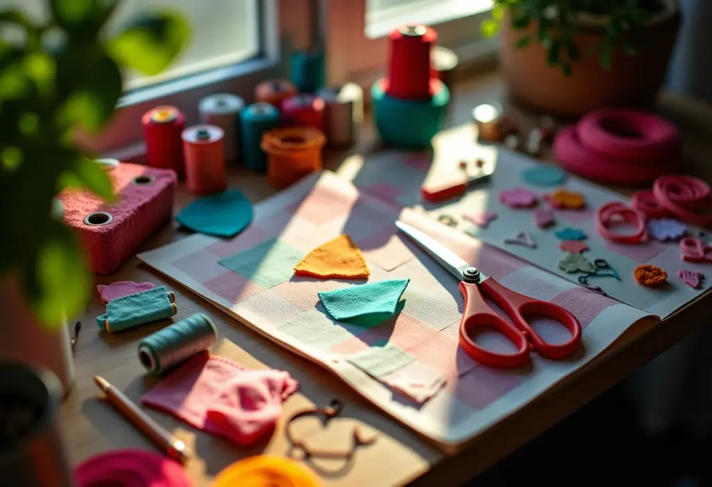 Lembrancinhas de Chá de Fralda: Ideias Lindas e Lucrativas! Mesa de ateliê de artesanato com materiais coloridos e luz natural suave