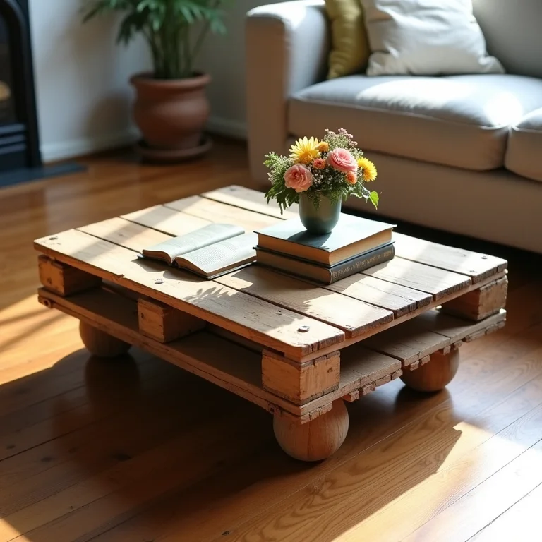 Mesa de centro de pallet com livros antigos e flores em sala de estar