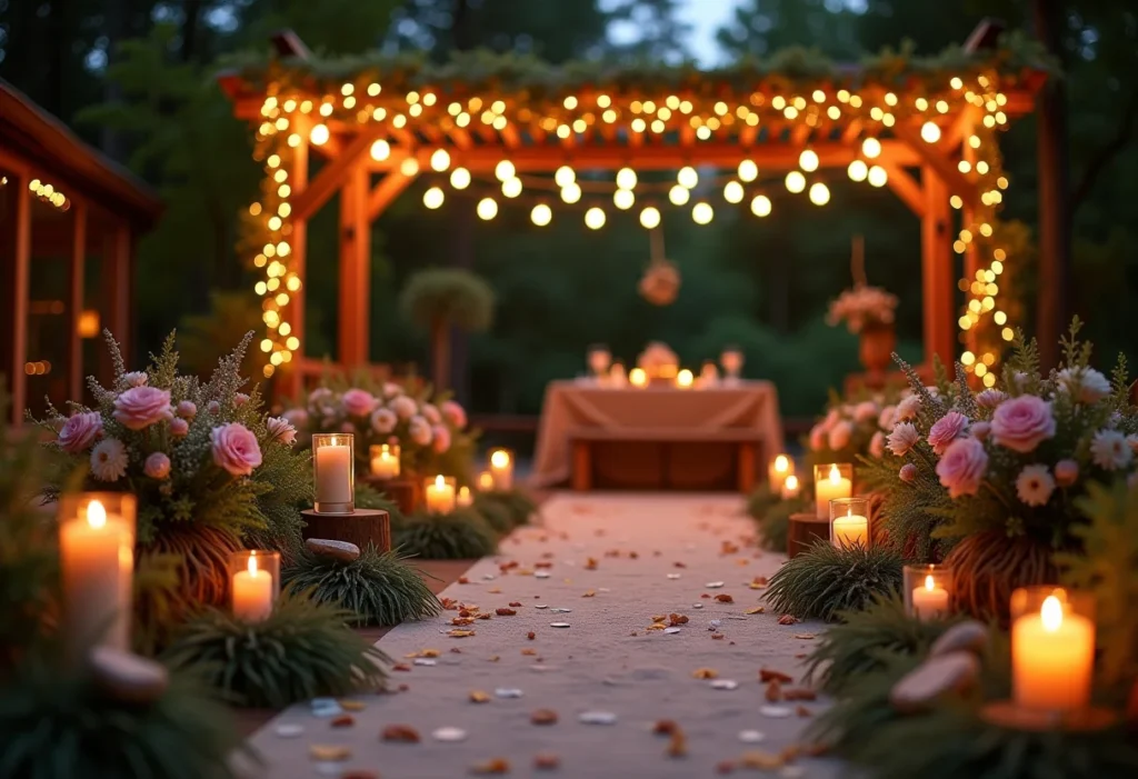 Noivado rústico romântico: Guia COMPLETO para organizar o seu Mesa de noivado rústico ao ar livre decorada com luzes e flores