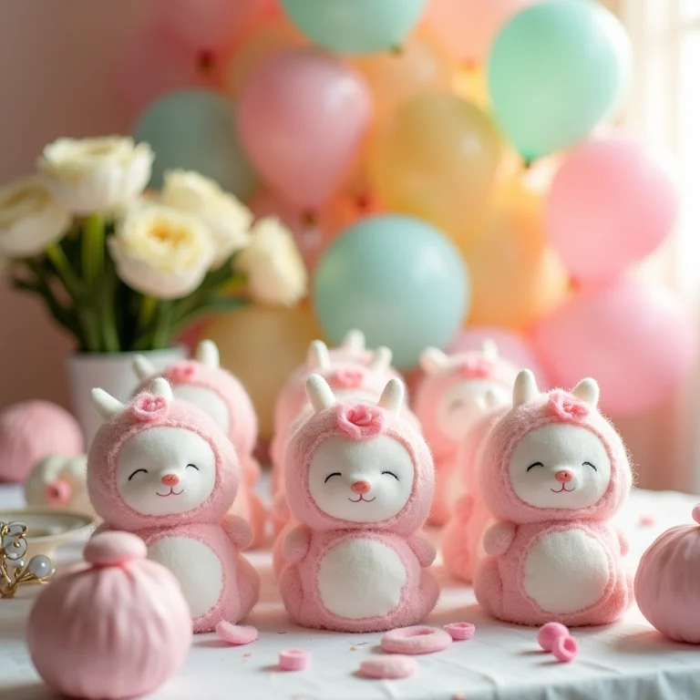 Mesa decorada com lembrancinhas para chá de bebê.