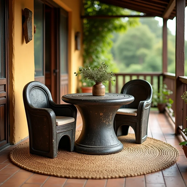 Mesa e cadeiras de pneu em varanda decorada