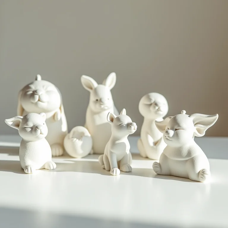 Mini esculturas de gesso expostas em mesa clara