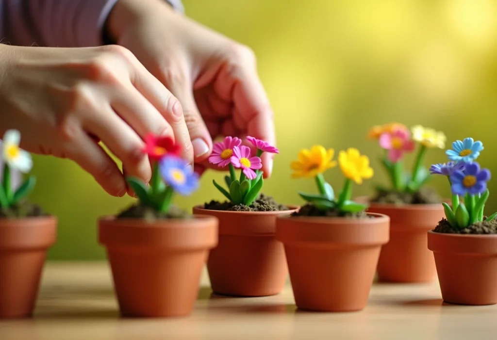 Mini vasinhos de flores coloridas sendo montados para lembrancinha da primavera