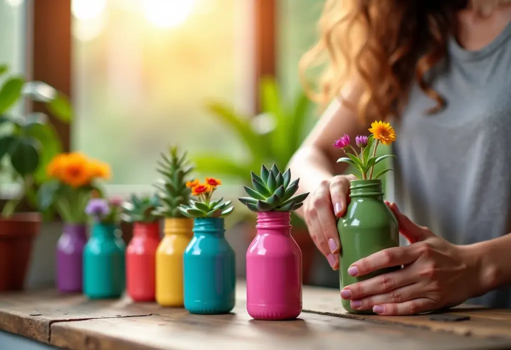 Lembrancinha com garrafa PET: Ideias geniais e fáceis de fazer Mini vasinhos de flores feitos com garrafa PET decoradas com tinta colorida e suculentas.