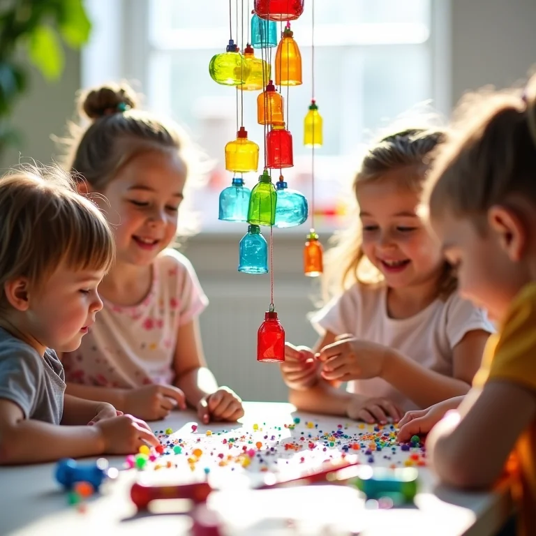 Móbile colorido feito com pedaços de garrafa PET reciclada, montado por crianças.