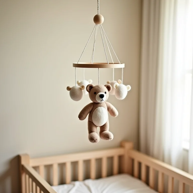 Mobile de ursinho de feltro decorando quarto de bebê