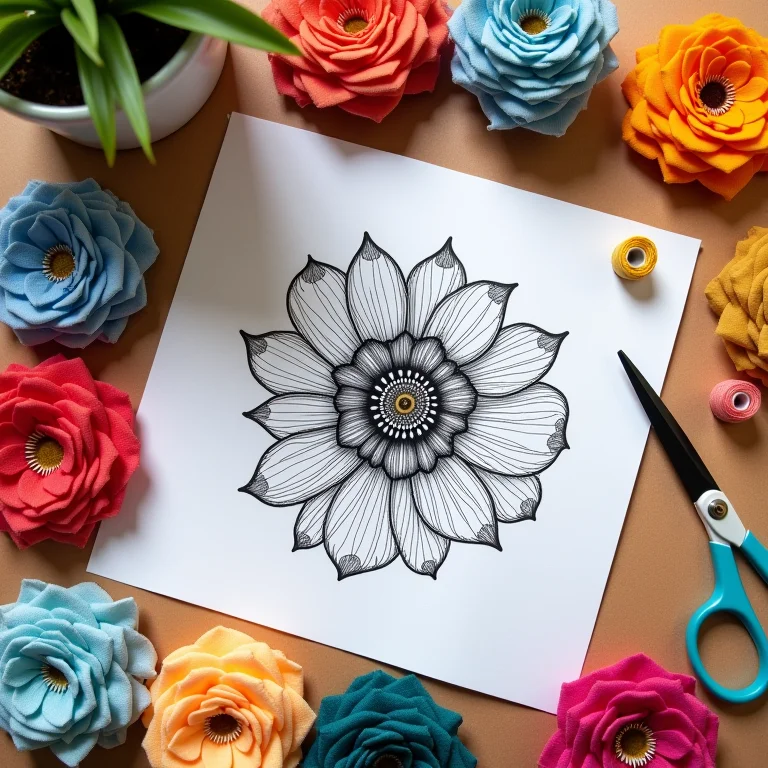 Molde de fuxico impresso em mesa de artesanato com materiais