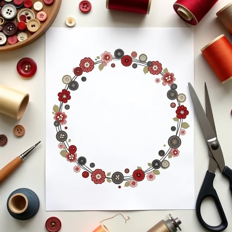 Molde de guirlanda e botões vintage sobre mesa de artesanato