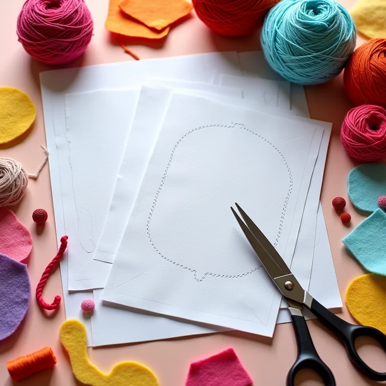 Moldes de feltro impressos sobre mesa de artesanato com materiais coloridos