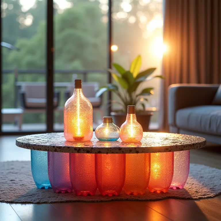 Móveis feitos de garrafa PET em ambiente moderno