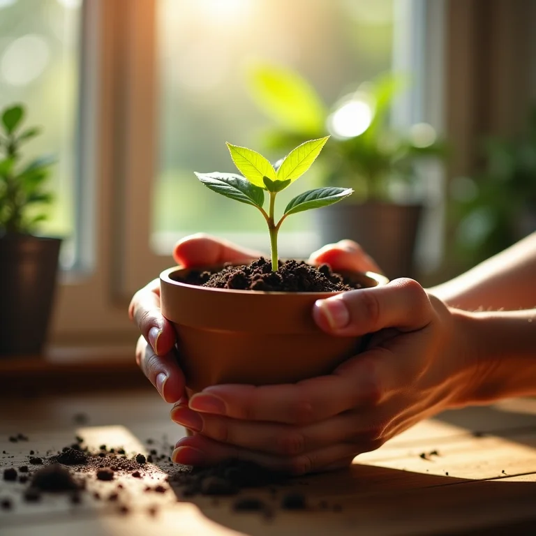 Mudinha sendo plantada em vaso biodegradável como lembrancinha