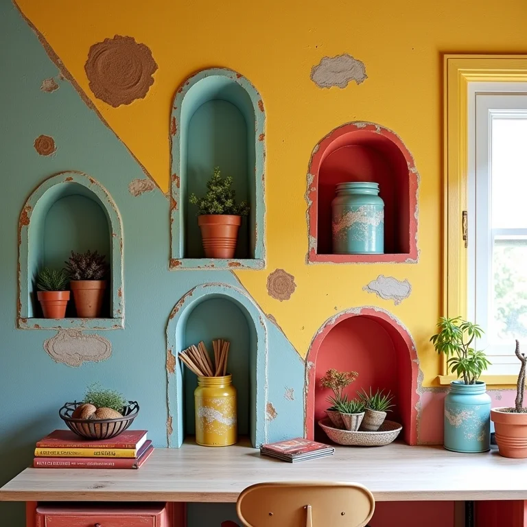Nichos e prateleiras originais feitos de latas de leite pintadas montadas em uma parede colorida.