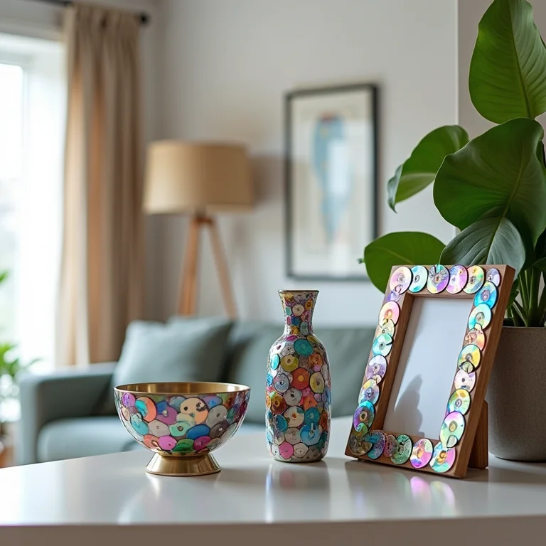 Objetos de decoração criativa feitos com CDs reciclados expostos em casa