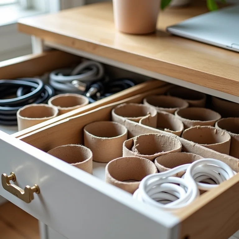 Organizador de cabos feito com rolos de papel higiênico identificados