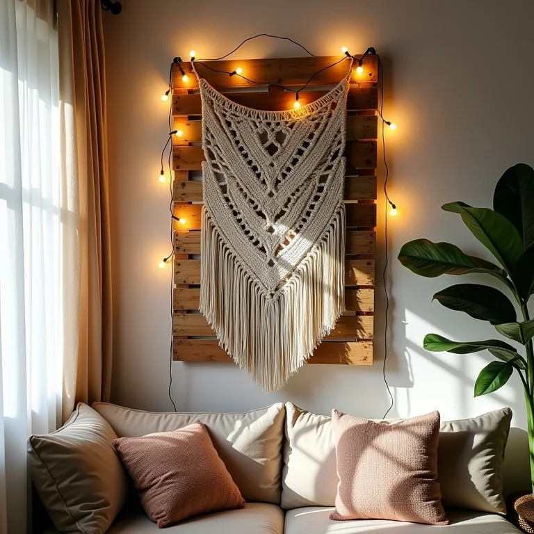 Painel de pallet decorado com macramê e luzes em sala de estar