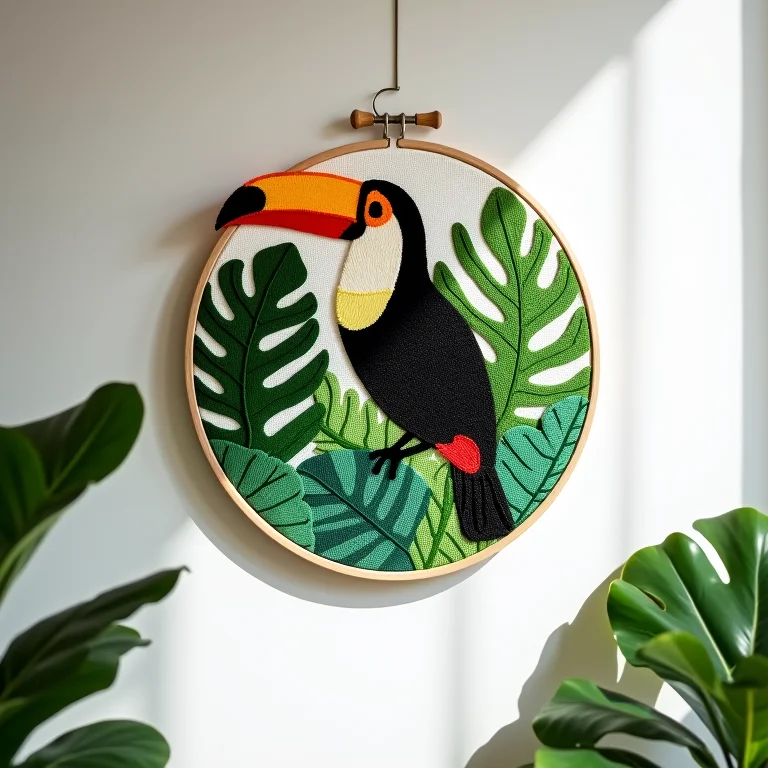 Painel de parede de ponto russo com tucano e folhagens tropicais