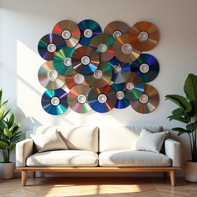 Painel decorativo moderno feito com CDs reciclados na sala de estar