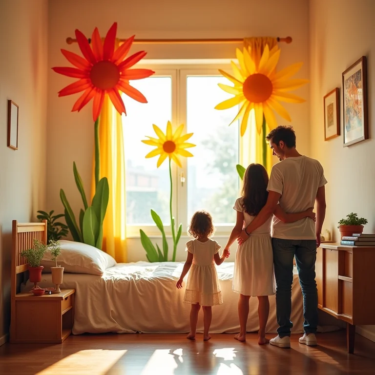 Pais admirando a decoração com flores de EVA