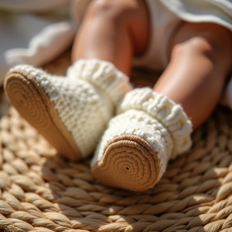 Pé de bebê com botinha de crochê antiderrapante.