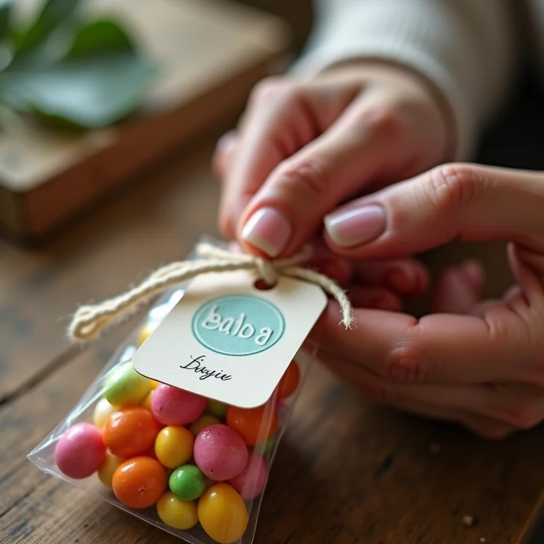 Personalizando lembrancinhas com tags artesanais.