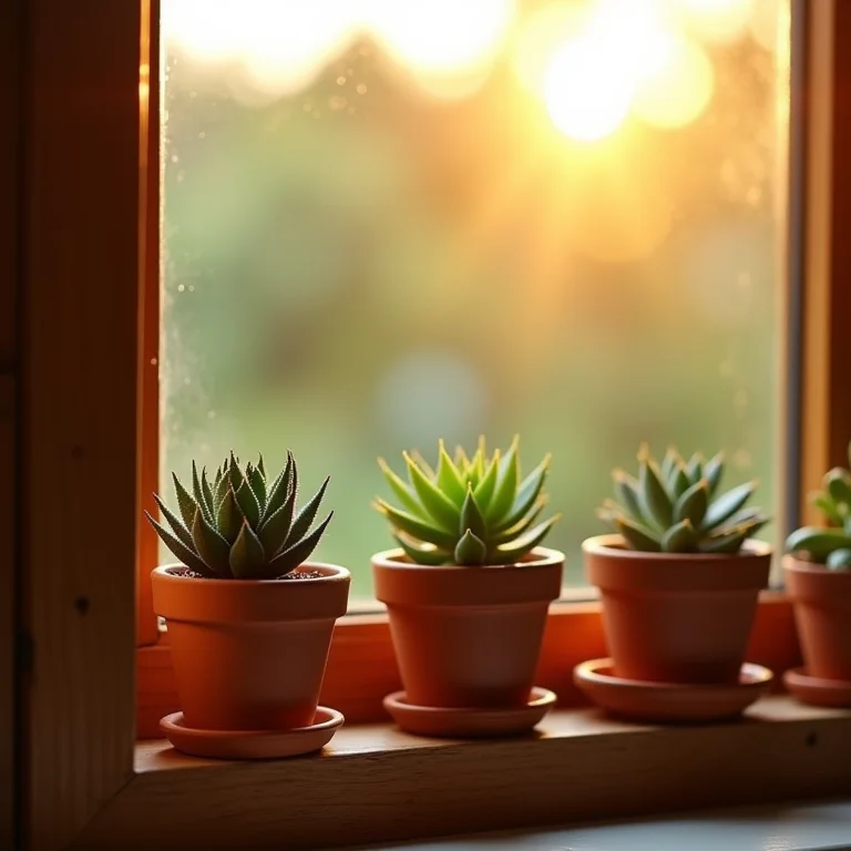 Plantas suculentas em vasos de barro na janela