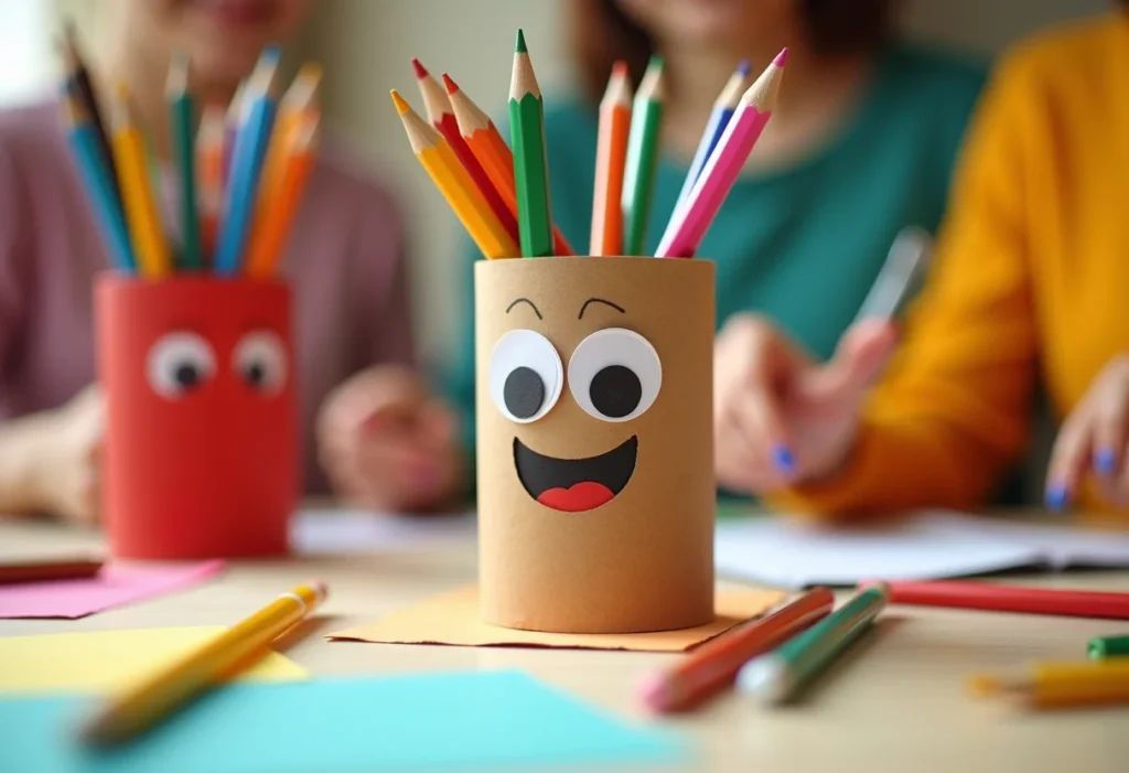 Porta-lápis divertido feito com rolo de papel higiênico decorado com olhinhos e papel colorido