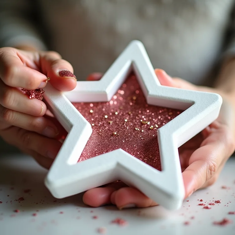 Porta retrato de EVA com glitter sendo finalizado por mãos de artesã