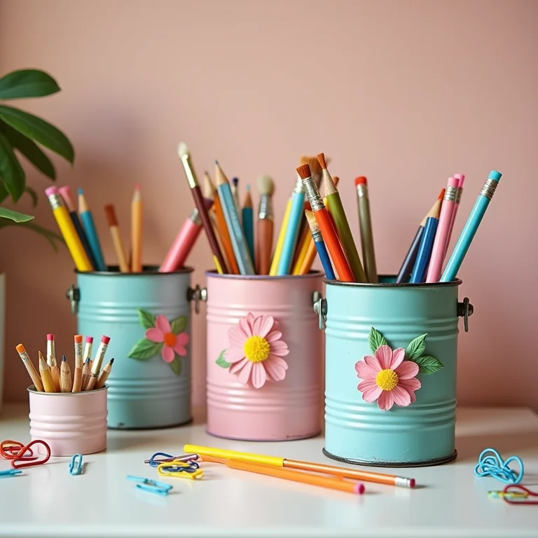 Porta-trecos criativos feitos de latas de leite decoradas para escritório com lápis e pincéis.