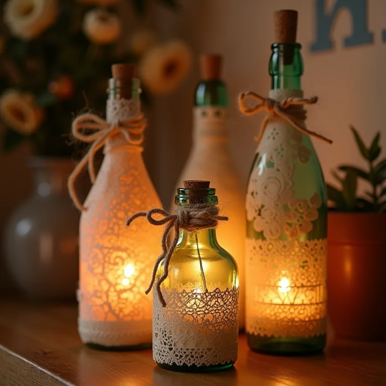 Porta-velas românticos feitos de garrafas recicladas com renda e barbante.