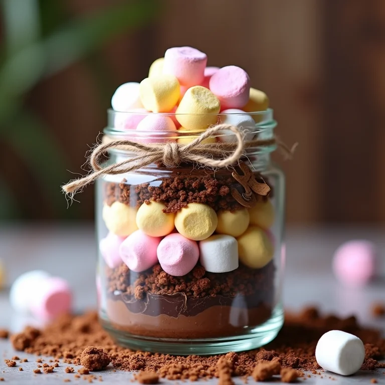 Pote de vidro decorado com marshmallow, chocolate e biscoitos