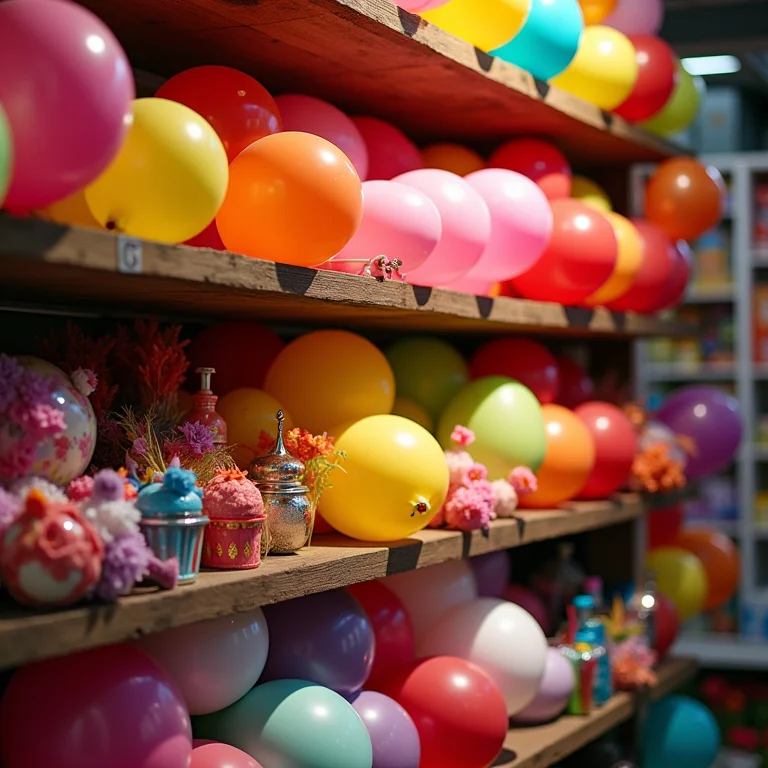 Prateleiras de loja de balões com diversos acessórios