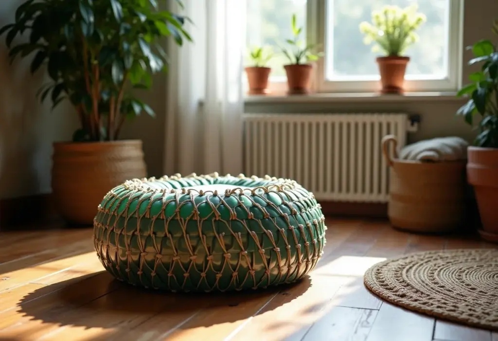 Puff feito de garrafa PET decorando sala brasileira