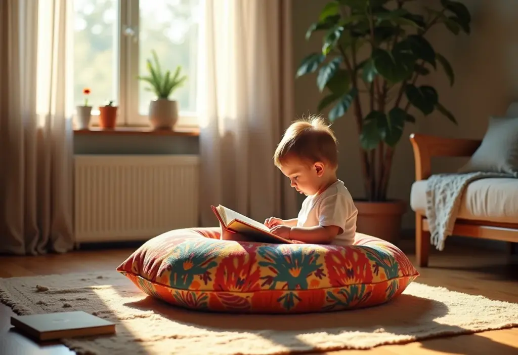 Puff infantil feito de garrafa PET em sala ensolarada